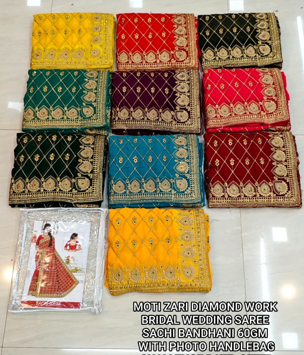 MOTI ZARI DIAMOND WORK BRIDAL WEDDING SAREE SACHI BANDHANI 60GM WITH PHOTO HANDLEBAG CHALLENGE RATE..