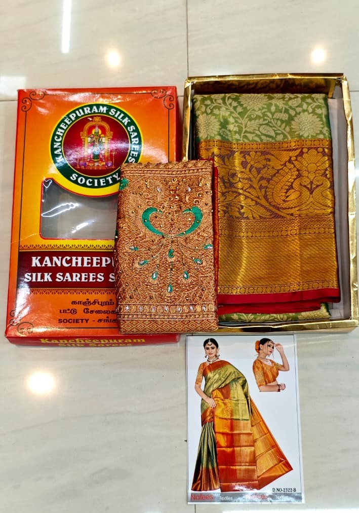 KANCHIPURAM SILK SAREE HEAVY WORK BLOUSE PROPER BOX PHOTO CATALOGUE COMBO BAG 4 COLOUR SET WISE CHECK COMPANY LINK FOR ALL COLOUR INFORMATION